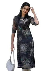 ANANT Women Organza Fabric Digital Printed Short Sleeves Pattern Kurti for Women, Long Kurti
