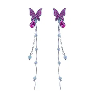 CALAC DESIGNS Velvet Style Purple Butterfly Twinkle Crystal Dangle BeadChain Earrings Glittering Gift Jewellery accessories for Women and Girls