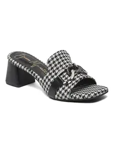 Bruno Manetti women's Black Slip-on Back Open with Upper Chain Buckle Modern Design Square Toe Comfort Heels