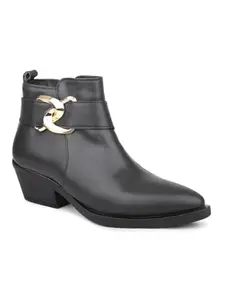 Inc.5 Women Black Mid Top Block Heel Chunky Boots with Buckle Detail