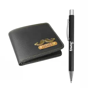 The Bling Stores Men's Personalized Custom Genuine PU Leather Wallet and Pen Combo with Your Name On It Best Gift for Your Husband,Brother,FriendsAnd Father (Black)
