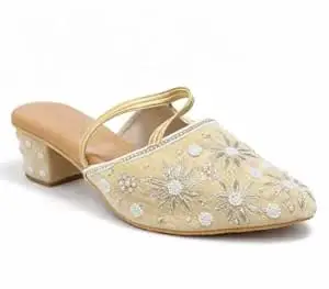 EZZIAUTO Women's Embroidered Mule Heels, Handmade Beaded Slip-On Sandals with Block Heel, Cushioned Insole, Non-Slip Sole for Wedding, Party