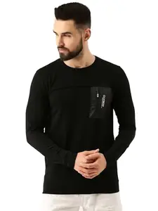 Maniac Mens Printed Round Neck Full Sleeve Black Cotton Slim Fit Tshirt
