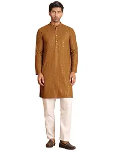 Jompers Mustard Embroidered Straight Kurta Set For Men (Mustard, M)
