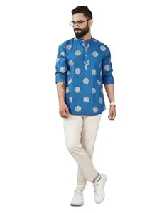 Rega Lifestyle Cotton Printed Straight Full Sleeve Kurta for Men -AMET0001P1-KUR-BLU-XL Blue