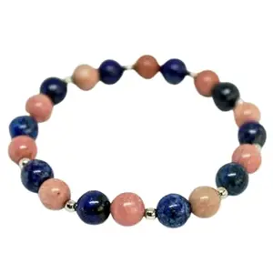 RRJEWELZ Natural Lapis Lazuli & Rhodonite Round Shape Smooth Cut 8mm Beads 7.5 inch Stretchable Bracelet for Healing, Meditation, Prosperity, Good Luck | STBR_04860