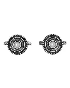 TEEJH Shaanvi White Stone Silver Oxidised Toe Rings for Women