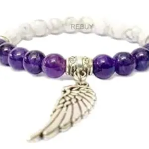 Amethyst Howlite Stone Bracelet with Feather Hand for Reiki Healing, Natural Gemstone Bracelets for Both Men and Women Size 8mm by REBUY