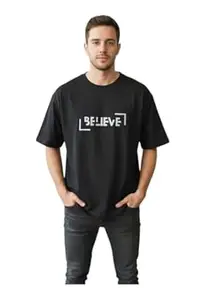 Shah Enterprises Men's 240 GSM Heavyweight Cotton Oversized T-Shirt | Trendy 'Believe' Back Print Drop Shoulder Baggy Fit Tee