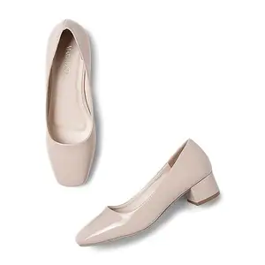 Marc Loire Women Square Toe Solid Block Heel Pumps for Office, Party and Formal Wear (Cream, Numeric_7)