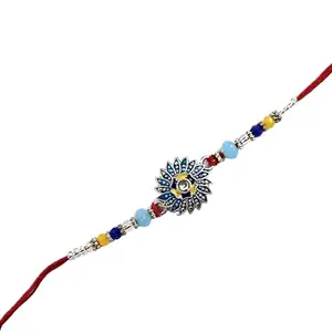 Designer Meena Work Rakhi with Floral Pattern, Multicoloured Beads, Maroon Thread Royal Look.