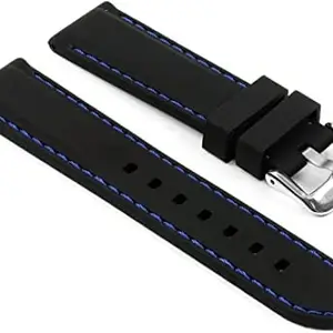 Ewatchaccessories 22mm Silicone Rubber Watch Band Strap Fits TANG Black With Blue Pin Buckle