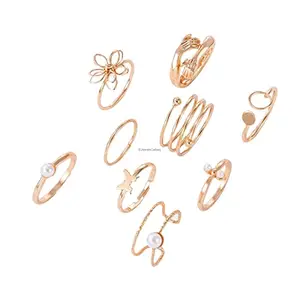 Jewels Galaxy Jewellery For Women Set of 9 Gold Plated Adjustable Hug-Floral Finger Ring (JG-PC-RNG-984)