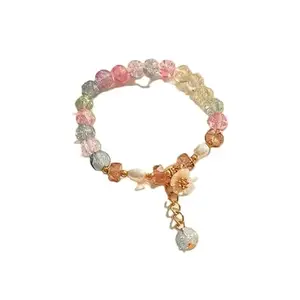 PURPLE DRIZZLE Crystal Beaded Bracelet with Pearl and Flower Charm, Multi-Colour