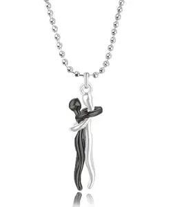 Uniqon Black & Silver Forever Love Couple Hugging Embrace Statement Promise Affectionate Hug Me Locket Pendant Necklace With Chain For Valentine's Day Matching Relationship