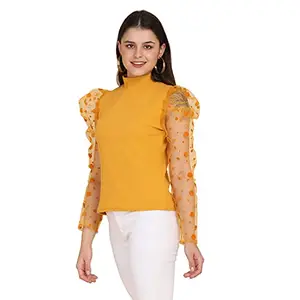 Polyester Polka Dot Women's Net Top (Yellow, Small)