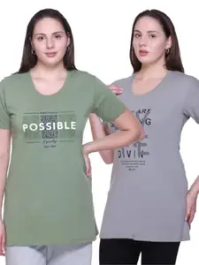 TOP TEN Womens T Shirt Round Neck Long Length Relaxed Fit Cotton Rich Fabric (Pack of 2)