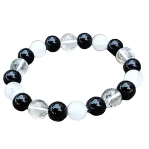 RRJEWELZ Natural Clear Quartz & Black Onyx 8mm Round Shape Smooth Cut Beads 8 Inch Stretchable Bracelet For Men & Women. Unisex Bracelet For Healing, Meditation, Prosperity, Gift & Luck|STBR_RR_11061_8.0