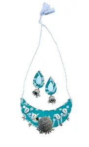 Handcrafted Turquoise Fabric Necklace Set with Silver Oxidised Bells, Traditional Ethnic Design (Blue)