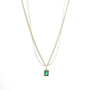 CHRIST SHOPPERS Emerlad Pendant Double Layer Necklace Chin For Women Green Emerlad Chain Necklace Birthday Gift for Girlfriend Gift for Women