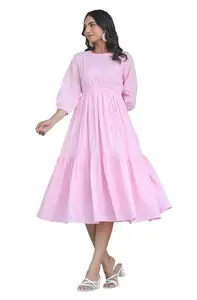 Janasya Women's Light Pink Pure Cotton Solid Tiered Dress (JAA25DR01869-S)