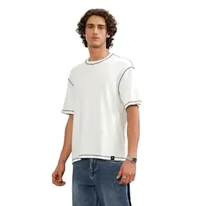 WROGN Men's Cotton Blend Textured T-Shirt | Jacquard Collar | Oversized Fit