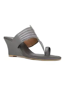Inc.5 Womens Grey Party Wear Kolhapuri Wedge Heel Sandals