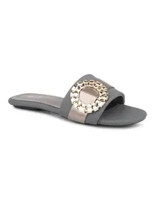 Inc.5 Women Grey Embellished Open Toe Flats