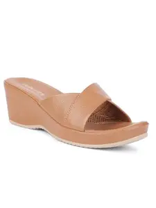 Liberty Healers J332-40 Fashion Wedge Slip-on Sandal For Women - TPR Sole | Softy Leather Upper | Memory Foam Insole | Outdoor & Fashion | Comfortable & Moder Design | Durable & Breathable (Tan-38 EU)