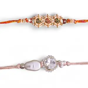 Ideaz unlimited Designer Pearl Crystal & Traditional Om Rakhi | Elegant Beige Thread & Red Yellow Moli for Bhai on Rakshabandhan | Pack of 2 Rakhi with Roli Chawal