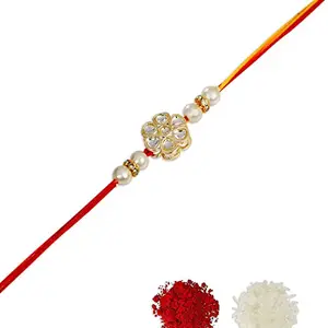 ACCESSHER Traditional White Floral Design Kundan Rakhi with Beads for Brother Pack of 1 with Roli Kumkum Packets and Happy Rakshabandhan Card