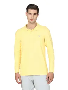 TECHNOSPORT Men's Slim Fit Polyester Solid Athleisure Polo T-Shirt with Full Sleeve, Moisture Wicking and Quick Dry - (MTOR37PAE_Pine Apple_XL)