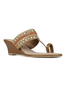Inc.5 Womens Golden Embellished Round Toe Ethnic Heels Sandals