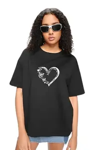 Girls and Women Heart Print Half Sleeve Oversize Girls T-Shirt (42, Black)