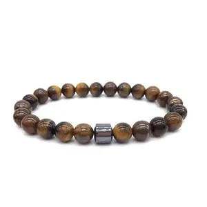 8 mm Natural Stone With Hematite Cylinder Charm Beads Men Women Unisex Bracelets (Tiger Eye)