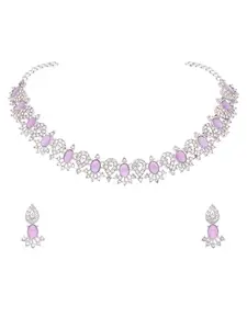 LYRISS Elegant Crystal Necklace and Earring Set, Silver-Toned with Purple Stones, Rhinestone Floral Design