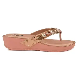 AROOM Women's Crystal & Glittery Comfortable casual Heels Sandals for Women & Girls (Peach, numeric_7)