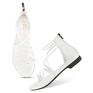 JM LOOKS Fashion Stylish Open Toe Gladiator Flats with Back Chain Detail for Women & Girls White