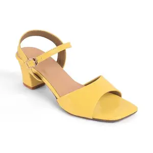 tresmode SOLOR Women's Block Heels Sandals Yellow, 7 UK / 40 EU - Square Toe Ladies Footwear Soft Comfortable Sandals