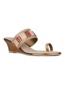 Inc.5 Womens Golden Ethnic Embellished Round Toe Wedge Heel Sandals