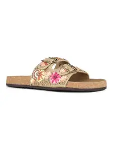 Inc.5 Women Khaki Ethnic Floral Print Open Toe Slip-On Flat Sandals