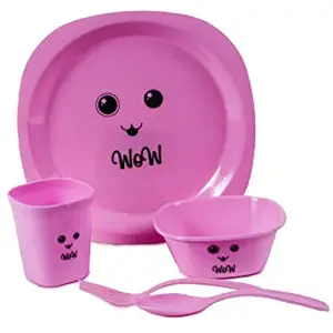 GALOOF GALOOF 5 Pcs Plastic Dinner Set for Kids | Small Size Smily Printed Dinnerware Plate for Eating, Playing and Return Gift for Kids Birthday Party (Pink)