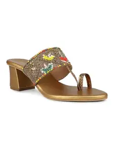 Inc.5 Womens Gold Ethnic Embellished Round Toe Block Heels