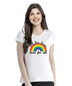Pooplu Women's Regular Fit All for Love, Love for All with Rainbow Design Cotton Printed V Neck Half Sleeves Multicolour Pootlu Tshirt. LGBT Tshirts(Oplu_White_Medium)
