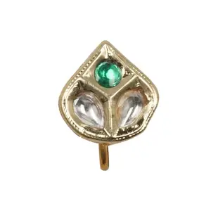 Traditional Kundan Nath for Women ? Small Size Nose Ring with Green Stone, Gold Polish, Bridal Jewellery (Green)