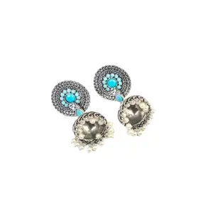 StylishKudi Sky Blue Stone Embellished German Silver Earrings With Hanging Pearls