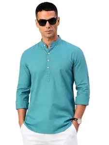 Majestic Man Men's Pure Cotton Solid Mandarin Collar Slim Fit Roll-Up Sleeves Short Kurta Lightweight Summer Kurta for Daily & Occasion Use