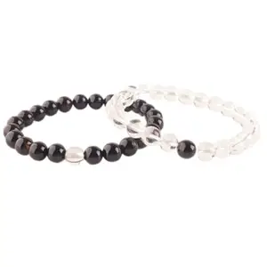 RRJEWELZ Black onyx & Crystal Quartz 8mm Round Smooth beads Long Distance Couples Love Friendship Combo Bracelet Set - Couples Relationship 6 inch Stretchable Bracelets set|RR_CPBR_065_6