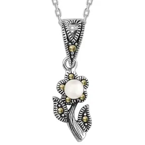 GIVA 925 Oxidised Silver Pearl Fleur Pendant With Link Chain| Necklace to Gift Women & Girls | With Certificate of Authenticity 925 Stamp | 6 Months Warranty*