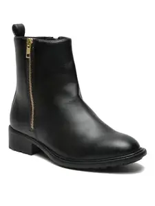 Bruno Manetti Women's Black Slipon With Both Side Zipper & one side Golden Zipper Ankle Length Comfort Mid Top Flat Boots